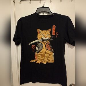 Threadless Black Tee with Samurai Cat Design